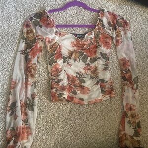 🌸 Sheer Floral Ruched Long-Sleeve Top